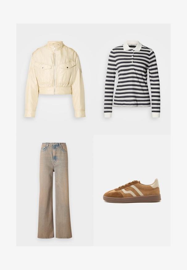 Beige cropped jakke med frontlynlås, opretstående krave, lange ærmer og to brystlommer med knapper på en ensfarvet baggrund.; Langærmet polo med marineblå og hvide striber, lavet af bomuld, med tre-knaps slids og ribstrikkede manchetter. Klassisk kravedesign.; Lyse vaskede, vide ben jeans med høj talje, lavet af denim. Har diskret syninger og fem lommer, med en let falmet tekstur.; Brun ruskind og kordfløjls sneaker med beige bølgede striber, snørebånd og en gummisål på hvid baggrund, sidebeskåret view.