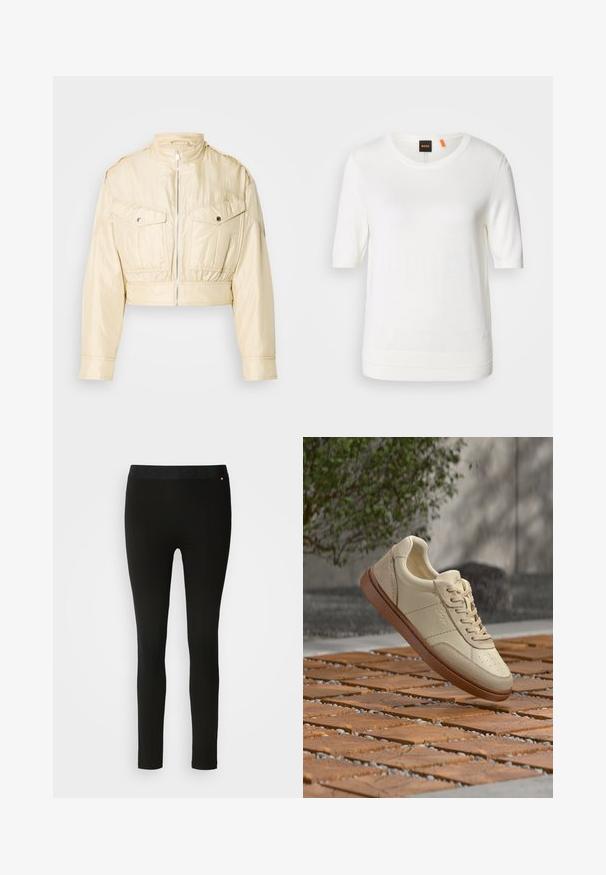 Beige cropped jakke med frontlynlås, opretstående krave, lange ærmer og to brystlommer med knapper på en ensfarvet baggrund.; Hvid kortærmet strik-top med rund halsudskæring, ribkant og blød tekstur. Logomærke med orange detalje ved kraven.; Sorte leggings med en glat tekstur, featuring en fleksibel talje og diskret sømdetalje. Ingen mønstre eller hardware er til stede.; Beige lædersneaker med brun sål, der svæver over en flisebelagt udendørs overflade med spredte små sten og grønne blade i baggrunden.