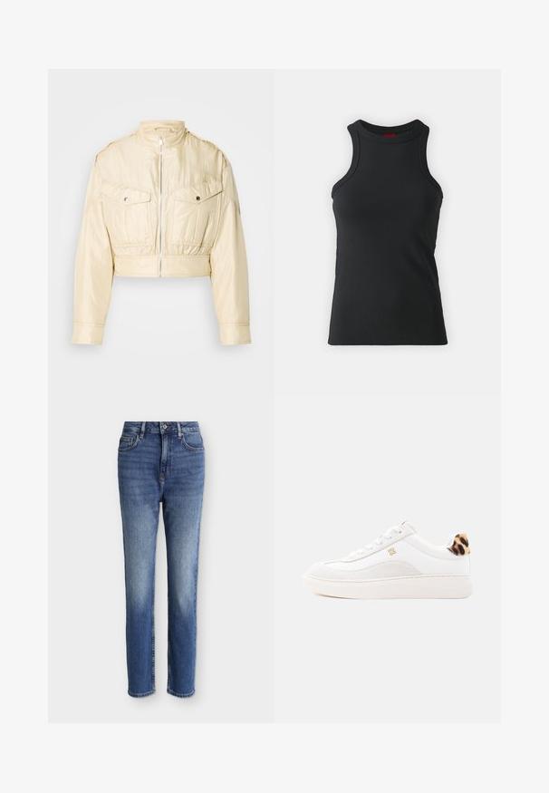 Beige cropped jack met ritssluiting aan de voorkant, opstaande kraag, lange mouwen en twee borstzakken met knopen op een effen achtergrond.; Zwarte mouwloze tanktop gemaakt van rekbare stof. Heeft een ronde hals en een aansluitende snit met minimale stikdetails.; Midblauwe jeans met hoge taille en rechte pijpen, voorzakken, ceintuurlussen, knoopsluiting en subtiele vervaagde details op dijen en knieën.; Witte lage sneaker met veters aan de voorkant, goudkleurig "HUGO"-logo aan de zijkant en luipaardprint detail op het hielstuk.