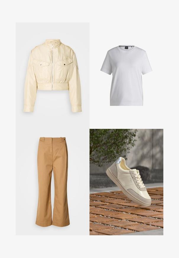 Veste courte beige avec fermeture éclair à l'avant, col montant, manches longues et deux poches poitrine à boutons sur un fond uni.; T-shirt en coton blanc avec un col rond, des manches courtes et une coupe décontractée. Il présente une petite étiquette de marque près du col.; Pantalon à jambes larges en tissu de coton beige, doté d'une taille haute, de deux boutons dorés et d'une texture lisse. Aucun motif ou accent visible.; Baskets beige et crème avec détail argenté au talon, lacets noués, positionnées au-dessus d'une surface en bois carrelée avec un arrière-plan flou de verdure et un mur.