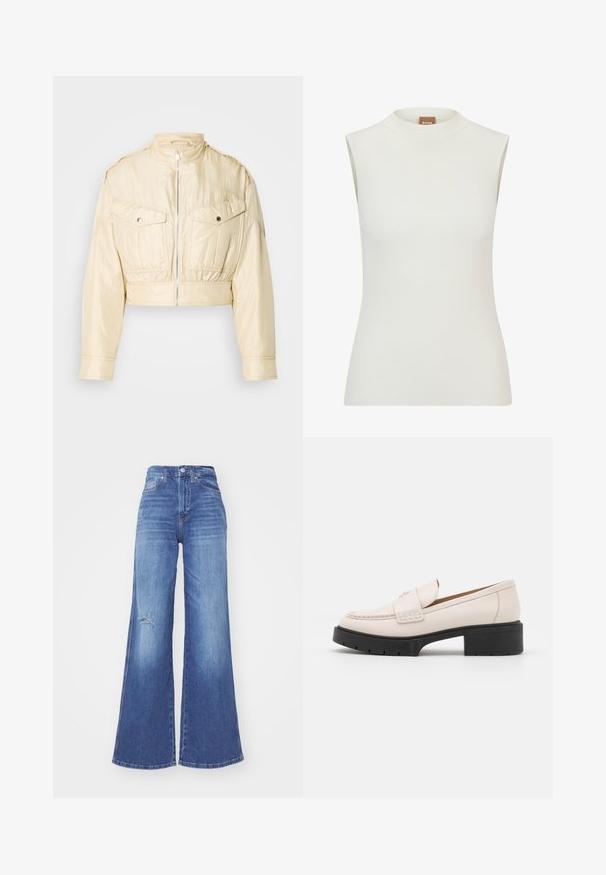 Beige cropped jack met ritssluiting aan de voorkant, opstaande kraag, lange mouwen en twee borstzakken met knopen op een effen achtergrond.; Witte, mouwloze top met een hoge halslijn, met een geribbeld textuur en een getailleerd ontwerp. Merkenlabel "BOSS" zichtbaar op de kraag.; Brede blauwe denim jeans met een hoge taille, met een ver-sleten detail bij de knie en een gladde textuur. Klassiek vijf-pocket ontwerp.; Lichtbeige leren loafers met een gestikte voorkant en een textuur met een zwarte plateauhak. Beschikt over een gebogen ontwerp en een lichte verhoging.