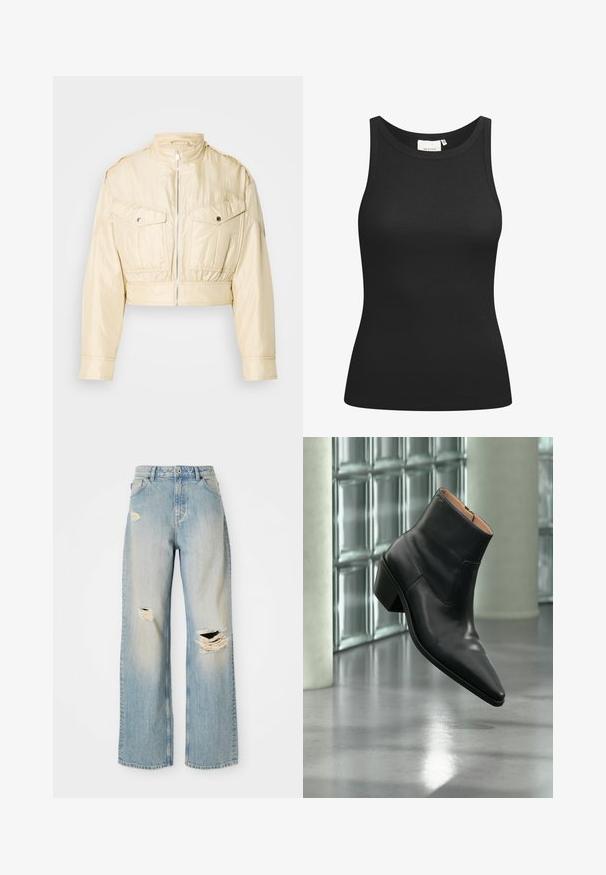 Beige Cropped-Jacke mit durchgehendem Reißverschluss, Stehkragen, langen Ärmeln und zwei mit Knöpfen verschließbaren Brusttaschen vor einfarbigem Hintergrund.; Schwarzes Tanktop aus Rippstoff mit Rundhalsausschnitt und figurbetonter Passform. Flache Nähte und keine Verzierungen. Einfaches und elegantes Design.; Hellblaue, gerade geschnittene Jeans mit hoher Taille, Gürtelschlaufen und ausgefransten Rissen am linken Oberschenkel, rechten Knie und unteren linken Bein.; Schwarzer Leder-Stiefelette mit spitzer Schuhspitze und Blockabsatz, der über einem reflektierenden grauen Boden nahe einer Glassteinwand schwebt.