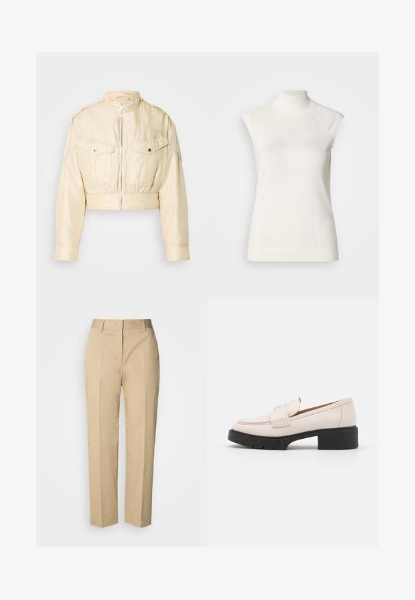 Beige cropped jack met ritssluiting aan de voorkant, opstaande kraag, lange mouwen en twee borstzakken met knopen op een effen achtergrond.; Mouwloze witte coltrui gemaakt van zacht materiaal; heeft een aansluitend ontwerp met een hoge hals en een subtiele geribbelde textuur aan de zoom.; Beige rechte broek met riemlussen, voorplooi en verborgen sluiting, afgebeeld tegen een lichte achtergrond.; Lichtbeige leren loafers met een gestikte voorkant en een textuur met een zwarte plateauhak. Beschikt over een gebogen ontwerp en een lichte verhoging.