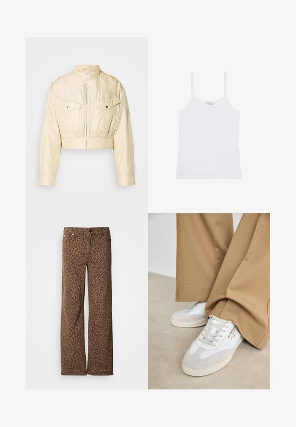 Chaqueta corta beige con cremallera frontal, cuello alto, mangas largas y dos bolsillos en el pecho con botones sobre un fondo liso.; Camiseta de tirantes blanca para mujer de Calvin Klein con tirantes finos y diseño sencillo y ajustado.; Pantalones de pierna ancha marrones con un estampado de leopardo negro, hechos de una tela suave con una textura lisa y cierre de botón clásico.; Zapatillas blancas con detalles de ante, cordones texturizados y suela de goma. Combinadas con un pantalón suelto en tono marrón claro. Logo exhibido en el lateral.