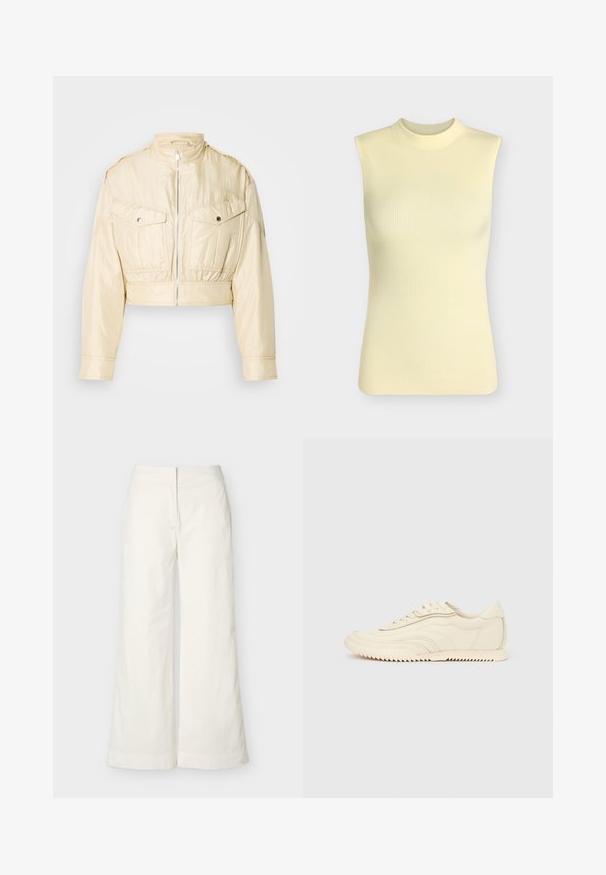 Veste courte beige avec fermeture éclair à l'avant, col montant, manches longues et deux poches poitrine à boutons sur un fond uni.; Top sans manches en maille côtelée jaune pâle avec un col rond montant, silhouette ajustée et tissu doux texturé.; Pantalon crème taille haute à jambes larges avec fermeture avant dissimulée, fabriqué en tissu léger et doux.; Baskets basses de couleur crème avec des coutures ondulées, une fermeture à lacets et une semelle crantée, vues de côté sur un fond uni.