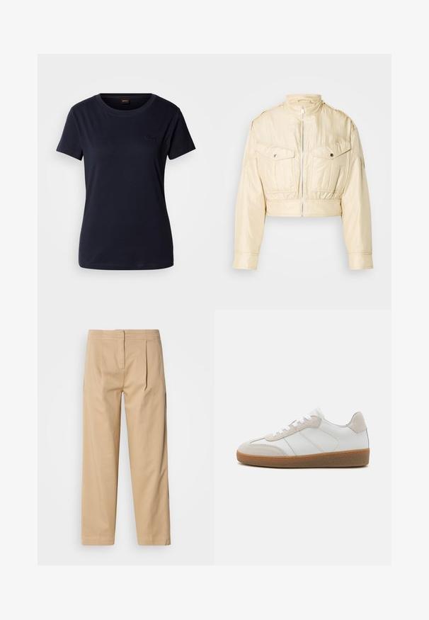 Beige cropped jack met ritssluiting aan de voorkant, opstaande kraag, lange mouwen en twee borstzakken met knopen op een effen achtergrond.; Navyblauwe T-shirt met korte mouwen, gemaakt van katoen, met een ronde hals en een klein geborduurd logo op de borst. Soepele textuur.; Beige katoenen broek met een ontspannen pasvorm, voorzien van twee voorplooien, een rechte pijp en een klassieke knoopsluiting in de taille.; Witte leren sneakers met beige suède accenten, een gestructureerde tong en een rubberen zool. Voorzien van witte veters en subtiele gestikte details.