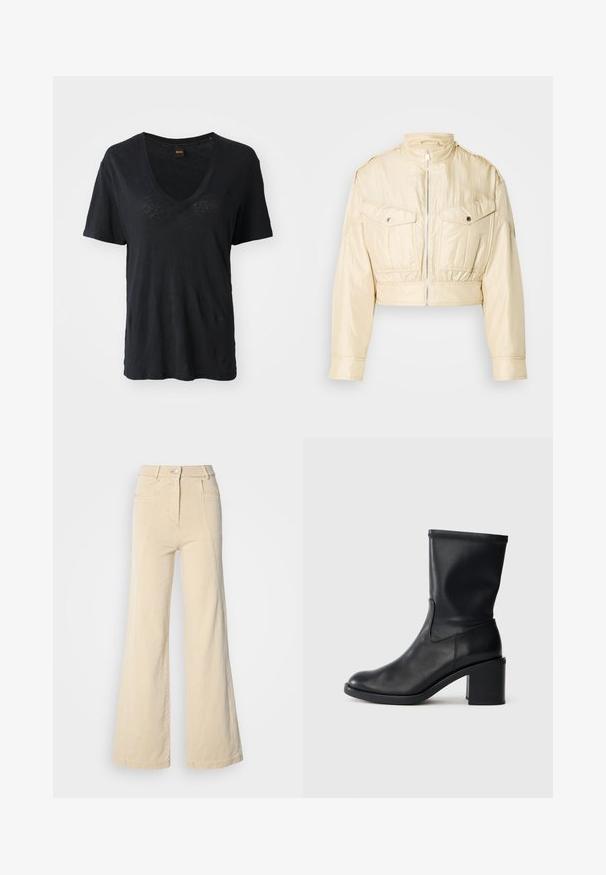 Chaqueta corta beige con cremallera frontal, cuello alto, mangas largas y dos bolsillos en el pecho con botones sobre un fondo liso.; Camiseta negra de manga corta con cuello en V, hecha de una tela suave, con un corte holgado y un sutil detalle texturizado en la parte frontal.; Jeans beige de pierna ancha con cintura alta, bolsillos frontales y costuras en contraste, con cierre de botón y una textura de algodón suave.; Botín negro de cuero hasta el tobillo con punta redonda, textura suave y tacón grueso, que presenta un eje ajustado y un sutil detalle de costura.