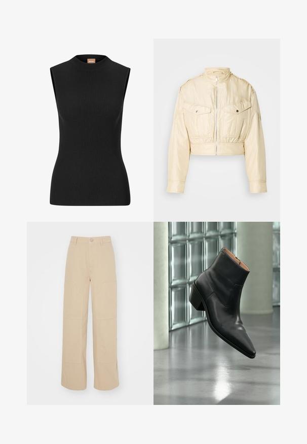 Beige cropped jakke med frontlynlås, opretstående krave, lange ærmer og to brystlommer med knapper på en ensfarvet baggrund.; Ermeløs sort ribbet top med høj hals og figursyet pasform, lavet af strækbart materiale. Har minimal branding på nakken.; Beige brede bukser lavet af bomuld. Har to store frontlommer og en metalknaplukning i taljen. Glat tekstur.; Sort læderankelstøvle med spids tå og blokhæl, der svæver over en reflekterende grå gulv nær en væg af glasblokke.