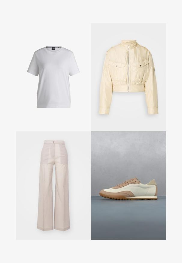 Chaqueta corta beige con cremallera frontal, cuello alto, mangas largas y dos bolsillos en el pecho con botones sobre un fondo liso.; Camiseta de algodón blanca con cuello redondo, mangas cortas y un corte relajado. Presenta una pequeña etiqueta de la marca cerca del cuello.; Pantalones de pierna ancha beige, hechos de una tela ligera tejida, con una cintura alta, cierre con un solo botón en la parte frontal y una textura sutil.; Zapatilla en crema y beige con parte superior texturizada, cordones y suela de goma, exhibida sobre una superficie de madera con piedras.