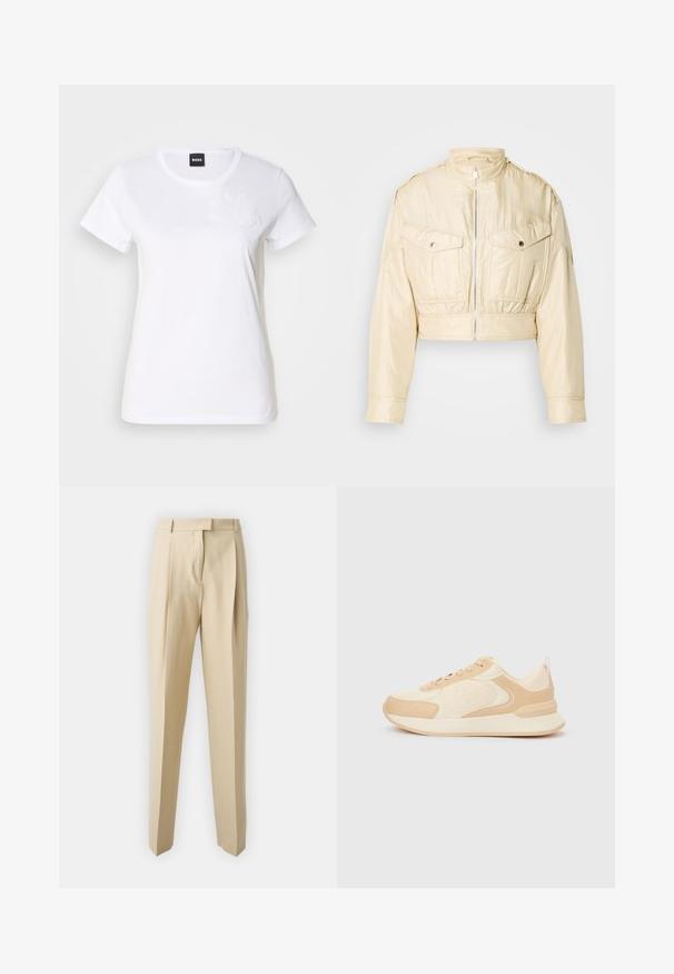 Veste courte beige avec fermeture éclair à l'avant, col montant, manches longues et deux poches poitrine à boutons sur un fond uni.; T-shirt en coton blanc à manches courtes. Présente une broderie florale ton sur ton sur la poitrine gauche. Design classique à col rond.; Pantalons beiges ajustés avec une coupe droite, dotés de plis, d'une ceinture et d'une texture lisse. Pas de poches visibles ni d'ornements.; Baskets beiges avec des accents clairs, bout arrondi, dessus texturé, lacets plats et semelle rembourrée. Présentent un logo sur le côté.