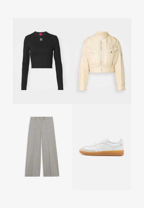 Beige cropped jakke med frontlynlås, opretstående krave, lange ærmer og to brystlommer med knapper på en ensfarvet baggrund.; Sort langærmet cropped top lavet af glat stof, med rund hals og hvid "HUGO" logo på brystet.; Beige og sort småternede vidde bukser med bæltestropper og en skræddersyet fold ned ad hvert ben lagt fladt ud.; Hvide lædersneakers med beige ruskindsdetaljer, gummisål og snøredesign. Har diskret branding i guld.