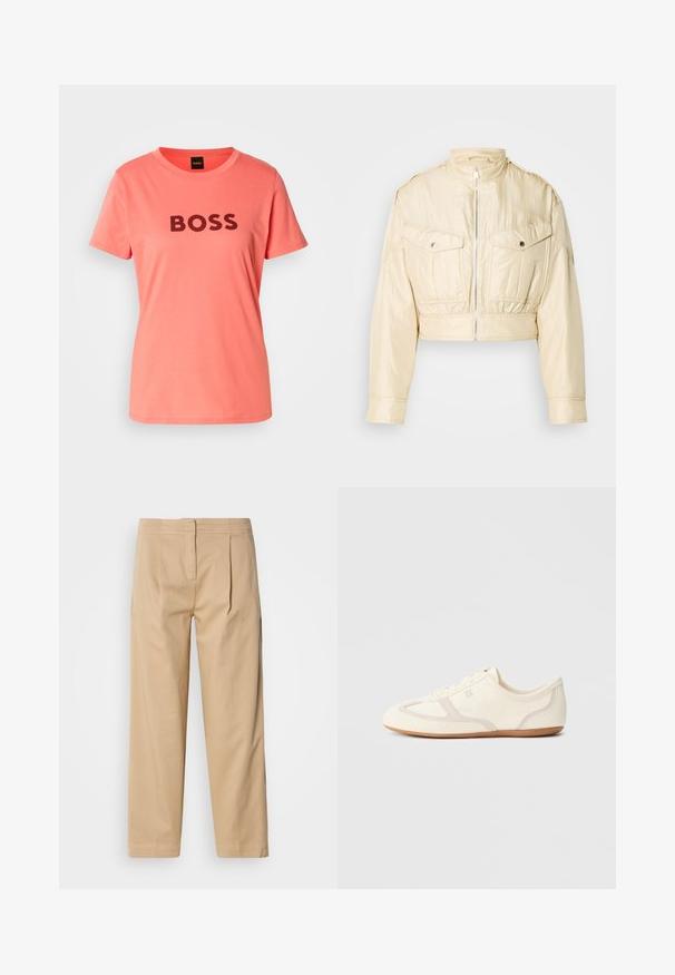 Veste courte beige avec fermeture éclair à l'avant, col montant, manches longues et deux poches poitrine à boutons sur un fond uni.; T-shirt rose corail avec "BOSS" imprimé en lettres noires en gras sur le devant. Col rond simple et manches courtes.; Pantalons en coton beige à coupe décontractée, avec deux plis à l'avant, une jambe droite et une fermeture à bouton classique à la taille.; Baskets couleur crème avec une tige en daim et tissu, un bout arrondi, et une semelle en caoutchouc avec un détail accent beige. Fermeture à lacets.