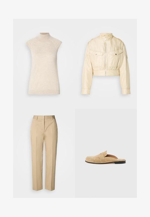Beige cropped jakke med frontlynlås, opretstående krave, lange ærmer og to brystlommer med knapper på en ensfarvet baggrund.; Beige højhalset ærmeløs top, lavet af blød, tekstureret stof. Har raglan-skulder og en tætsiddende silhuet. Velegnet til lagdelte outfits.; Beige bukser med lige ben, bæltestropper, forreste pres, og skjult lukning, vist mod en lys baggrund.; Beige ruskind backless loafer med sort sål og synlige sømme på en ensfarvet lys baggrund.
