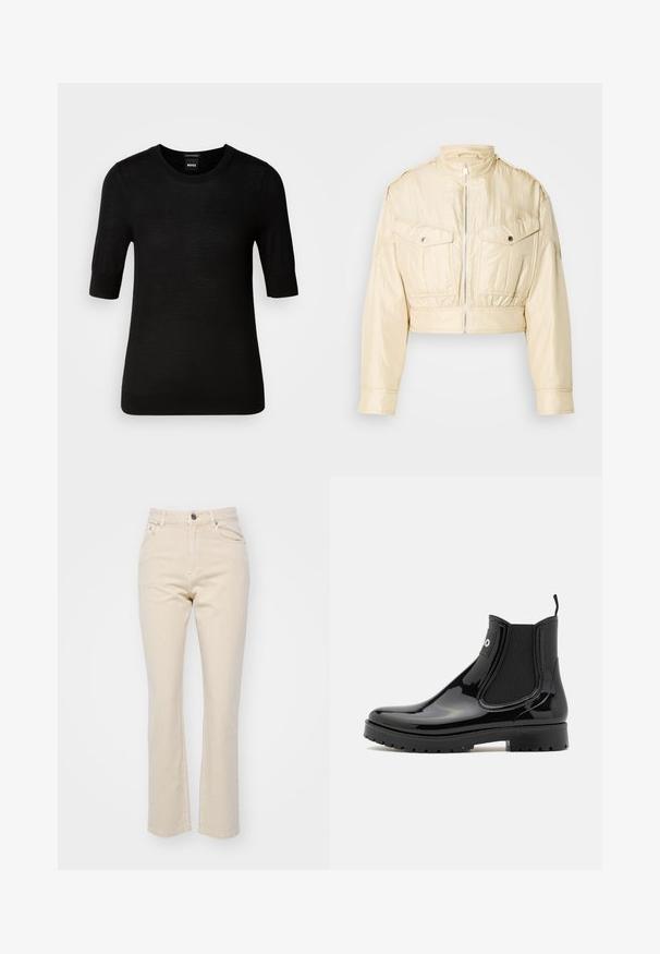 Beige cropped jakke med frontlynlås, opretstående krave, lange ærmer og to brystlommer med knapper på en ensfarvet baggrund.; Sort T-shirt med korte ærmer lavet af fin merinould. Rund halsudskæring, slim fit, glat tekstur, minimalt design, ingen synlige mønstre eller accenter.; Beige lige ben jeans lavet af denim, med en frontlukning med knap, to forreste lommer og en glat tekstur.; HUGO TABITA - Gummistøvler - black