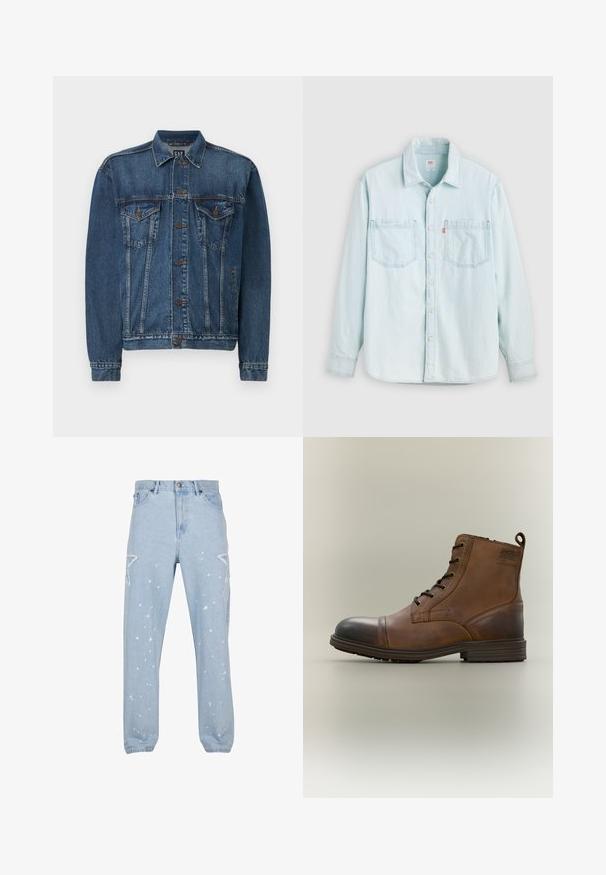 Denimjakke i mørkeblå, med knap-åbning foran, to brystlommer og syede detaljer langs sømme og manchetter. Standard krave.; Lyseblå denimskjorte med lange ærmer, knaplukning foran, to brystlommer og krave, vist mod en ensfarvet lys baggrund.; Lysblå denim jeans med en afslappet pasform, der har stjerneformede udsparinger, malersplatter og et klassisk fem-lomme-design.; Brun læderstøvle med snørebånd, sort tåhætte, rund sål og mærket detalje på siden mod ensfarvet baggrund.