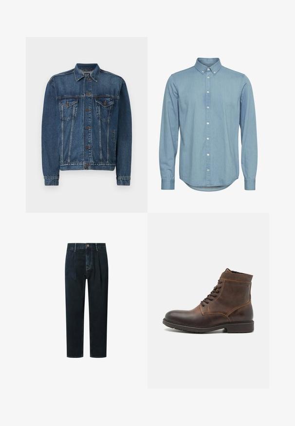Denimjakke i mørkeblå, med knap-åbning foran, to brystlommer og syede detaljer langs sømme og manchetter. Standard krave.; Lyseblå denimskjorte med knap-ned krave, lange ærmer og buet kant. Har forkant med hvide knapper.; Mørk denim bukser med løs pasform, der har høj talje, plisseringer, frontknaplukning og gyldne kontrastsyninger.; Jack & Jones JFWDELANEY BOOT - Snørestøvletter - cognac