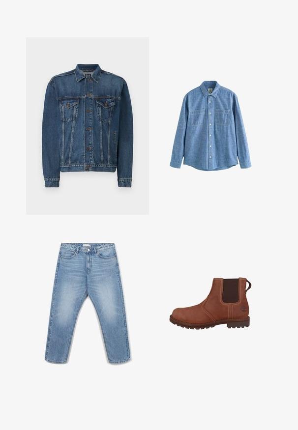 Dunkelblaue Jeansjacke mit Knopfverschluss, zwei Brusttaschen und genähten Details an Nähten und Bündchen. Klassischer Kragenstil.; Langärmliges blaues Chambray-Hemd mit Knopfleiste und zwei Brusttaschen, flach auf weißem Hintergrund liegend.; Hellblaue Jeans aus Denim mit geradem Bein, fünf Taschen, Metallknopfverschluss und dezenten Ausbleichungen auf dem Stoff.; Braune Leder-Chelsea-Stiefel mit elastischen Seitenpaneelen, gestickten Akzenten und einer Gummisohle mit einem Profilmuster. Enthält ein Logodetail.