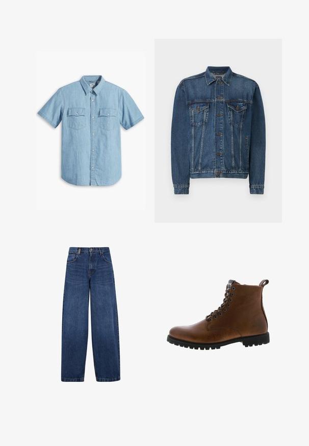 Denimjakke i mørkeblå, med knap-åbning foran, to brystlommer og syede detaljer langs sømme og manchetter. Standard krave.; Lyseblå kortærmet skjorte med knaplukning lavet af denim, med to brystlommer med lodret syning og en klassisk krave.; Bredde ben blå denim jeans med et klassisk design med fem lommer, knaplukning og en let falmet tekstur. Robuste syninger.; Brune læder ankelstøvler med tekstureret overflade, metaløjer og sort gummisål. Har en træktab bagpå for nem påtagning.