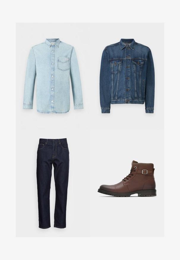 Veste en denim bleu foncé, avec une fermeture à boutons sur le devant, deux poches poitrine et des coutures décoratives le long des coutures et des poignets. Style de col standard.; Chemise en denim bleu clair à manches longues, fermeture boutonnée devant, une poche poitrine simple avec le logo Calvin Klein, et un col pointu.; Jeans en denim bleu foncé avec une coupe droite, cinq poches et des coutures jaunes contrastées. Conçus avec une fermeture classique à bouton et à glissière.; Bottine en cuir marron à lacets avec sangle à boucle et semelle noire robuste, vue de côté sur fond blanc.