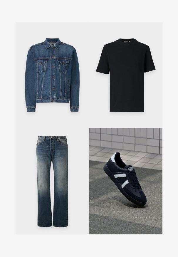Dunkelblaue Jeansjacke mit Knopfverschluss, zwei Brusttaschen und genähten Details an Nähten und Bündchen. Klassischer Kragenstil.; Schwarzes, kurzärmeliges, geripptes Strick-T-Shirt mit Rundhalsausschnitt und einem kleinen, sichtbaren Etikett im Krageninnenteil.; Dunkelblaue weit geschnittene Jeans aus Denim. Mit verblassten Details, traditionellem Fünf-Taschen-Design und einem Metallknopfverschluss an der Taille.; Schwarze Leder-Sneaker mit weißen Streifen, strukturiertem Gummisohle und Schnürung. Verfügt über ein Markenetikett auf der Zunge.