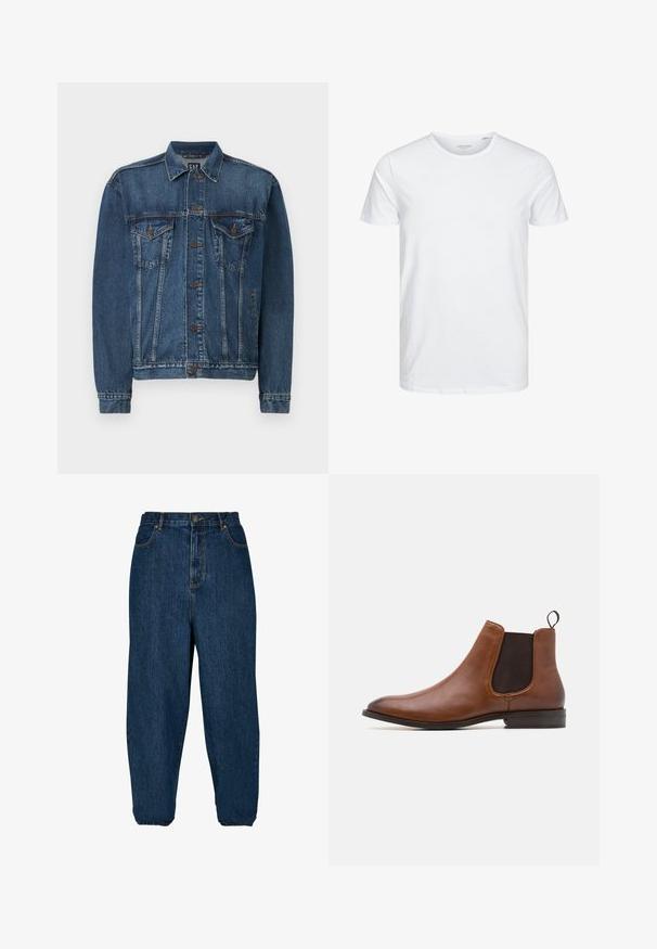 Veste en denim bleu foncé, avec une fermeture à boutons sur le devant, deux poches poitrine et des coutures décoratives le long des coutures et des poignets. Style de col standard.; T-shirt à col rond à manches courtes de couleur blanche unie, fabriqué en coton doux, avec un design simple sans motifs ni accents visibles.; Jean en denim bleu foncé avec une coupe décontractée, taille haute et poignets élastiques. Il dispose d'une fermeture à bouton à l'avant et de cinq poches.; Zign by Zalando LEATHER - Bottines - cognac