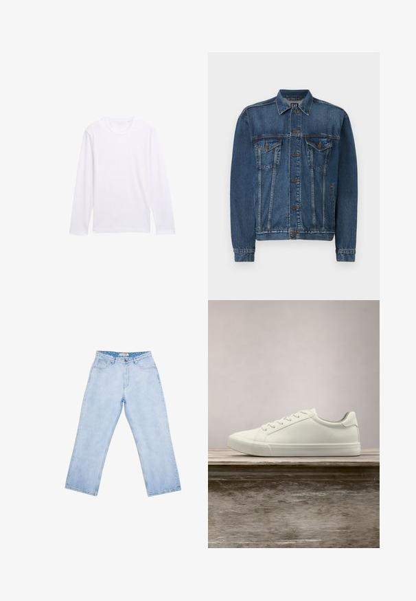 Chaqueta de denim en azul oscuro, con cierre de botones al frente, dos bolsillos en el pecho y costuras decorativas a lo largo de las costuras y los puños. Estilo de cuello estándar.; Camiseta blanca de manga larga con cuello redondo, fabricada en un material de algodón suave y un diseño simple y sin adornos. Sin logotipos ni patrones visibles.; Vaqueros de tiro alto azul claro de pierna recta con bolsillos frontales, trabillas, cierre de botón y una etiqueta interior de marca en la cintura.; Zapatilla blanca con cordones flotando sobre un banco de madera con follaje verde al fondo, mostrando el diseño y la textura del zapato.