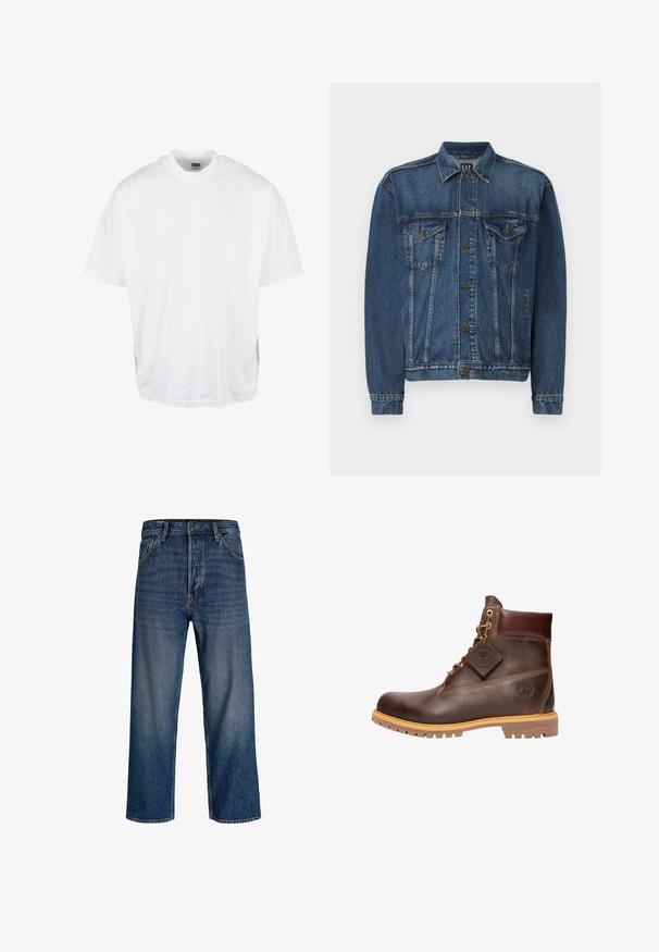Veste en denim bleu foncé, avec une fermeture à boutons sur le devant, deux poches poitrine et des coutures décoratives le long des coutures et des poignets. Style de col standard.; T-shirt en coton blanc avec une coupe décontractée, des manches courtes et un col rond, présentant un ourlet droit et sans graphiques ni motifs visibles.; Jean en denim avec une coupe droite, couleur bleu foncé et délavage subtil. Comprend cinq poches et une fermeture à bouton.; Bottine en cuir marron avec un bout rond, une semelle robuste, des éléments en doré et un dessus texturé. Comprend une étiquette de logo attachée.