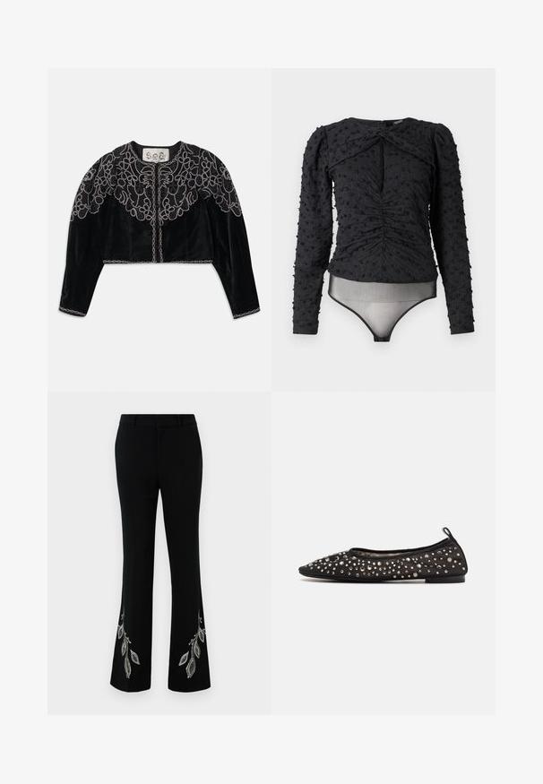 Schwarze, kurz geschnittene Samtjacke mit aufwändiger, bestickter Blumenstickerei und einer kettenähnlichen Verzierung entlang des Ausschnitts und Saums. Lange Ärmel.; Hofmann Copenhagen EXCLUSIVE ALEXANDRA - Bluse - black; Schwarze Schlaghosen mit gestickten silbernen Blattmotiven am Saum. Hergestellt aus glattem Stoff mit strukturiertem Bund und schlanker Passform.; Schwarze Ballerina mit spitzer Zehenform, verziert mit verschiedenen metallischen Strasssteinen, weiches Obermaterial und schwarze flache Sohle.