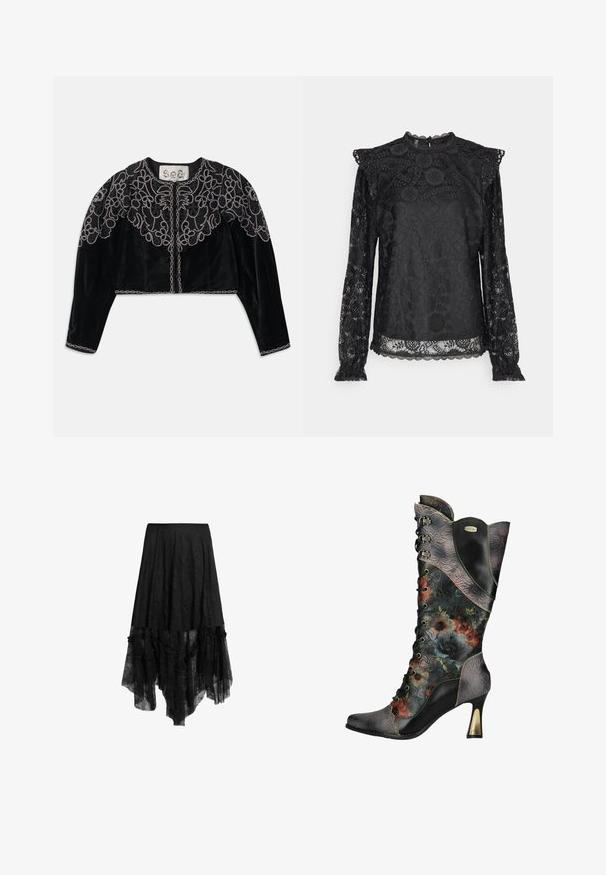 Zwarte geknipte fluwelen jas met ingewikkelde geborduurde bloemen in kralen en een kettingachtige rand langs de halslijn en zoom. Lange mouwen.; PIECES Tall PCOLLINE - Blouse - black; Zwarte high-low rok met doorschijnende kanten overlay en gerimpelde zoom, met een aansluitende tailleband en textuurlrijke stofdetails.; Dames zwarte leren hoge hak veterlaars met reliëf bloemenpatronen en meerkleurige bloemenprint op de schacht en voet.