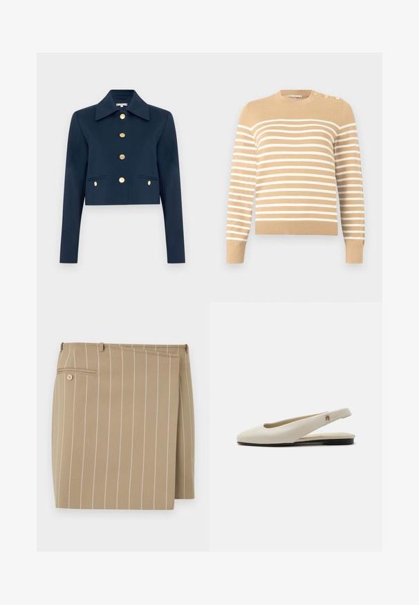 Veste cropped navy avec un large col, des manches longues et six boutons dorés sur le devant ainsi que sur deux poches à rabat avant.; Pull beige à rayures avec des rayures horizontales blanches, col rond, ourlet et poignets côtelés, avec trois boutons dorés à l'épaule.; Jupe beige avec des rayures blanches verticales, en tissu texturé. Présente un rabat à l'avant et une poche arrière avec un détail de bouton.; Chaussure plate slingback en cuir couleur crème avec un bout arrondi et un petit emblème doré sur la bride.