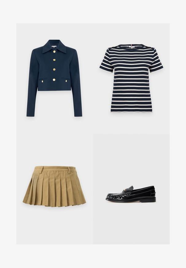 Chaqueta corta de color navy con gran cuello, mangas largas y seis botones dorados en el delantero y en dos bolsillos delanteros con solapa.; Camiseta de manga corta con rayas horizontales en azul marino y blanco, con escote redondo y botones dorados en las costuras de los hombros.; Falda plisada de tejido beige, con una cinturilla ajustada, múltiples pliegues y un dobladillo recto. Sin cierres ni detalles visibles.; Mocasines de cuero negro con puntera redondeada, costuras decorativas y un pequeño acento dorado en el empeine. Suela plana de goma, diseño elegante.