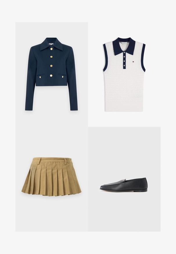 Chaqueta corta de color navy con gran cuello, mangas largas y seis botones dorados en el delantero y en dos bolsillos delanteros con solapa.; Polo de punto blanco sin mangas con cuello azul marino y tapeta de botones, con pequeño logo de Tommy Hilfiger en el pecho.; Falda plisada de tejido beige, con una cinturilla ajustada, múltiples pliegues y un dobladillo recto. Sin cierres ni detalles visibles.; Mocasines de cuero negro con textura suave, punta redondeada y detalles de costura sutiles. Presentan un acento de logo dorado en el lateral superior.
