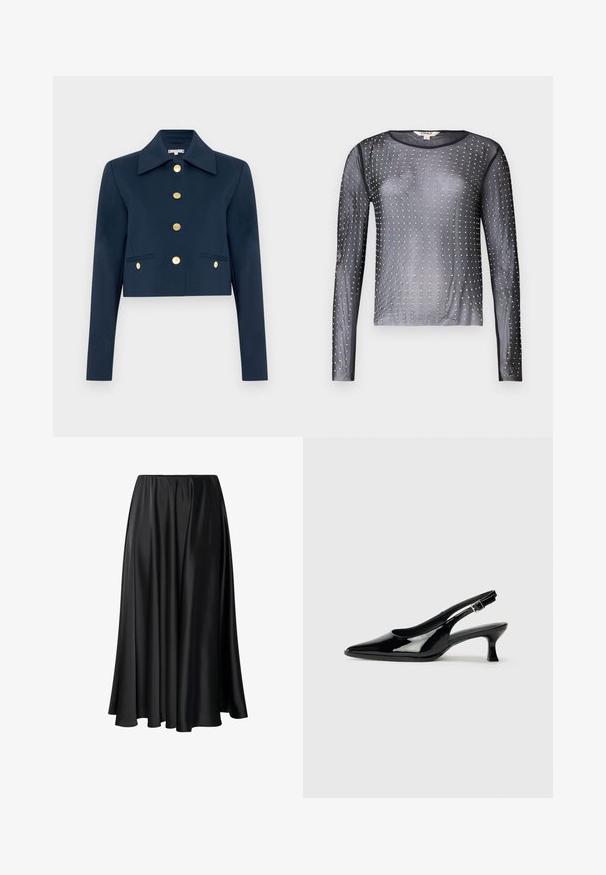 Chaqueta corta de color navy con gran cuello, mangas largas y seis botones dorados en el delantero y en dos bolsillos delanteros con solapa.; Top negro transparente de manga larga con cuello redondo, adornado con tachuelas plateadas dispuestas en un patrón a lo largo de la tela.; Falda maxi negra de tejido suave, con una cinturilla elástica, silueta amplia y un dobladillo fluido sin patrones o detalles visibles.; Zapatos de charol negro tipo slingback con punta afilada y tacón bajo. Correa ajustable con hebilla en el tobillo.