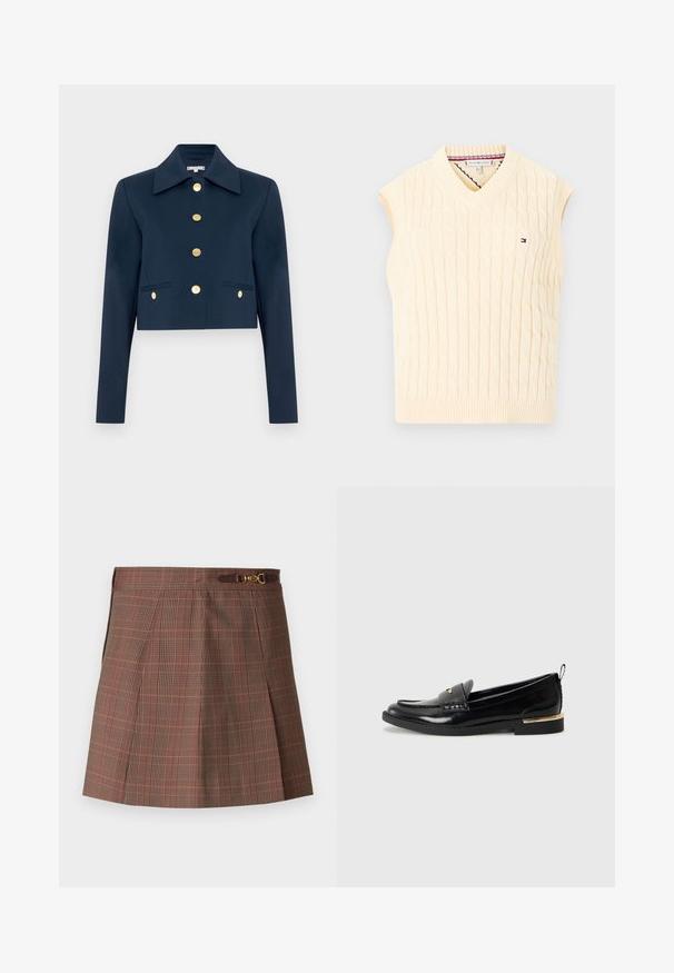 Chaqueta corta de color navy con gran cuello, mangas largas y seis botones dorados en el delantero y en dos bolsillos delanteros con solapa.; Chaleco de punto sin mangas de color crema con cuello en V y pequeño logo de Tommy Hilfiger en el pecho.; Falda de cuadros marrones con acentos en naranja, con un diseño plisado, cintura ajustada y un detalle decorativo de hardware dorado en el cinturón.; Mocasines de charol negro con punta redonda, una correa decorativa y un acento dorado en el talón. Textura suave con detalles cosidos.
