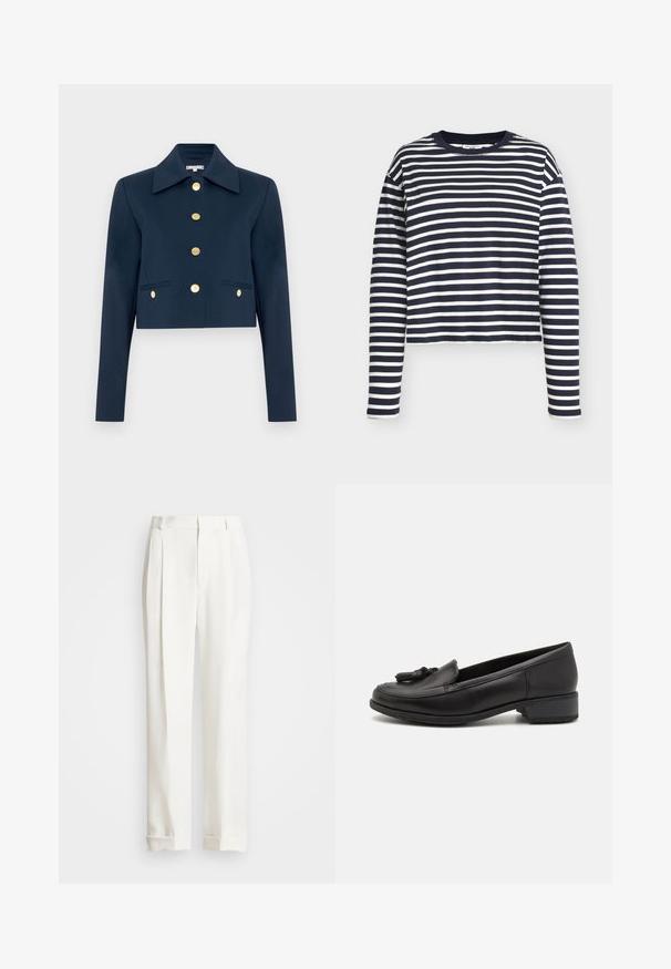 Veste cropped navy avec un large col, des manches longues et six boutons dorés sur le devant ainsi que sur deux poches à rabat avant.; Haut en coton à manches longues rayé bleu marine et blanc avec un col rond et une coupe courte. Présente des manches droites et une texture douce.; Pantalons blancs ajustés avec deux plis avant, coupe droite et ourlets repliés. Fabriqués en tissu lisse, présentant un design classique.; Mocassin en cuir noir avec un bout arrondi, détail en pampille décorative à l'avant et un petit talon carré. Texture lisse et design minimal.