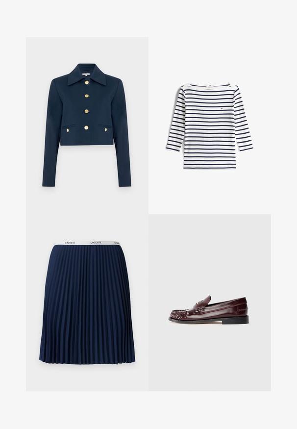 Chaqueta corta de color navy con gran cuello, mangas largas y seis botones dorados en el delantero y en dos bolsillos delanteros con solapa.; Camisa blanca de manga larga con rayas horizontales azul marino y un pequeño logo rojo, blanco y azul en el pecho izquierdo.; Falda plisada de color marino con un diseño texturizado, cintura elástica con la marca "LACOSTE" y tela suave.; Mocasines de piel burdeos con suela negra y detalle en metal dorado en la parte delantera, mostrados de perfil sobre un fondo blanco.