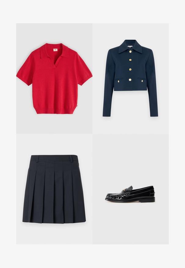 Veste cropped navy avec un large col, des manches longues et six boutons dorés sur le devant ainsi que sur deux poches à rabat avant.; Polo en maille rouge à manches courtes avec col en V et ourlet côtelé, présenté sur un fond gris clair.; Jupe plissée bleu foncé avec une ceinture plate, fabriquée en tissu lisse. Elle présente plusieurs plis verticaux et une coupe ajustée.; Mocassins en cuir noir avec un bout arrondi, des coutures décoratives et un petit accent doré sur le dessus. Semelle en caoutchouc plate, design épuré.