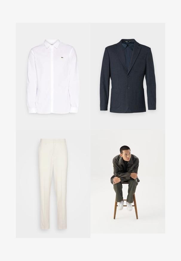 Selected SLHSLIM STRUCTURE - Bleiserjakk - dark blue; Valge pika käiga puuvillane särk, millel on nööpidega krae, vasakul rinnal roheline broderi logo ja sirged mansetid.; Kreemikooreline kohandatud pükste paar, millel on sirge lõige ja mis on valmistatud tekstuursusest kangast. Omab vöökinnitusi ja lukuotsa ees.; Noor mees tumedas nahktakšis ja teksades istub puidust pingil, kaldub ette, käed rüpes, vaatab valgel taustal küljele.