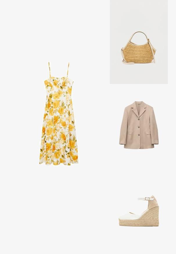 Beige single-breasted blazer met drie knopen, notch revers, lange mouwen en twee voorflapzakken, afgebeeld op een witte achtergrond.; Mango FLORAL MIDI - WITH GATHERED NECKLINE - Jurk - yellow; Witte sleehak espadrille sandaal met een gevlochten jute plateau, enkelriem, gouden gesp en beige gestucte hielkap.; Beige geweven handtas met afgeronde vorm, voorzien van een handvat van roomkleurig leer en een verstelbare schouderriem met een gouden gesp detail.