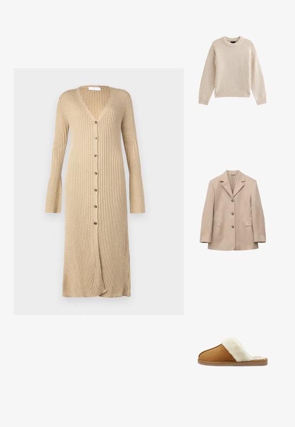 Blazer beige à simple boutonnage avec trois boutons, revers crantés, manches longues et deux poches avant à rabat, présenté sur fond blanc.; Pull en tricot beige à col rond, à manches longues et avec un ourlet côtelé. Tissu texturé au toucher doux. Design simple et polyvalent.; Cardigan beige à côtes avec des manches longues, ouverture à boutons, col en V et poignets évasés. Fabriqué à partir d'un matériau tricoté doux avec une finition texturée.; Pantoufle en daim brun avec un revers en fourrure blanche, conception à bout ouvert, texture douce et semelle plate en caoutchouc. Présente des coutures contrastées pour le détail.