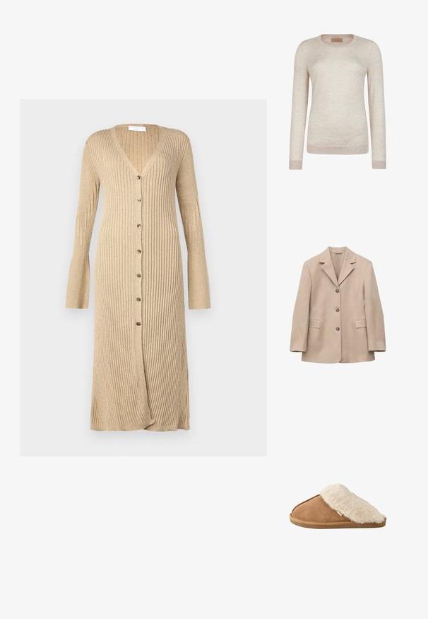 Beiger einreihiger Blazer mit drei Knöpfen, Kerbkragen, langen Ärmeln und zwei vorderen Klappentaschen, dargestellt auf weißem Hintergrund.; Langarm-Pullover mit Rundhalsausschnitt in hellbeige, hergestellt aus feinem Strickstoff mit gerippten Bündchen und Saum.; Beige gerippter Cardigan mit langen Ärmeln, knöpfbarer Vorderseite, V-Ausschnitt und ausgestellten Ärmelabschlüssen. Hergestellt aus weichem Strickmaterial mit strukturierter Oberfläche.; Brauner pantoffel zum Hineinschlüpfen mit weichem beigem Kunstpelzfutter und -sohle, Seitenansicht auf weißem Hintergrund.