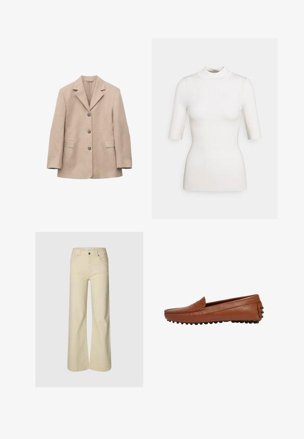 Blazer beige à simple boutonnage avec trois boutons, revers crantés, manches longues et deux poches avant à rabat, présenté sur fond blanc.; Even&Odd by Zalando Pullover - off white; Pantalon beige taille haute à jambes larges avec bouton frontal, fermeture éclair, passants pour ceinture et deux poches avant sur fond uni.; Mocassin en cuir marron avec une finition lisse, couture de style mocassin et semelle extérieure en caoutchouc noir à picots pour une adhérence et une flexibilité optimales.