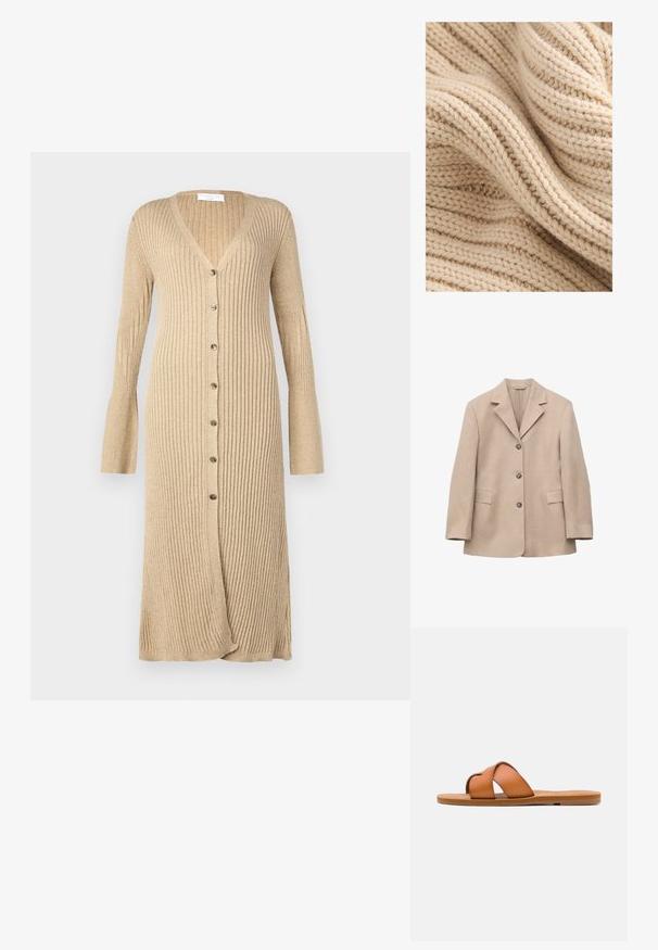 Blazer beige de un solo botón con tres botones, solapas con muesca, mangas largas y dos bolsillos delanteros con solapa, presentado sobre fondo blanco.; Tela beige de punto con acanalado texturizado, que muestra variaciones de grosor y una apariencia suave y difusa. Los hilos están tejidos de forma apretada.; Cardigan beige de canalé con mangas largas, cierre frontal de botones, escote en V y puños acampanados. Fabricado en un material de punto suave con un acabado texturizado.; Sandalia plana de cuero marrón con tiras cruzadas, suela plana, textura suave y características de diseño minimalista para uso casual.