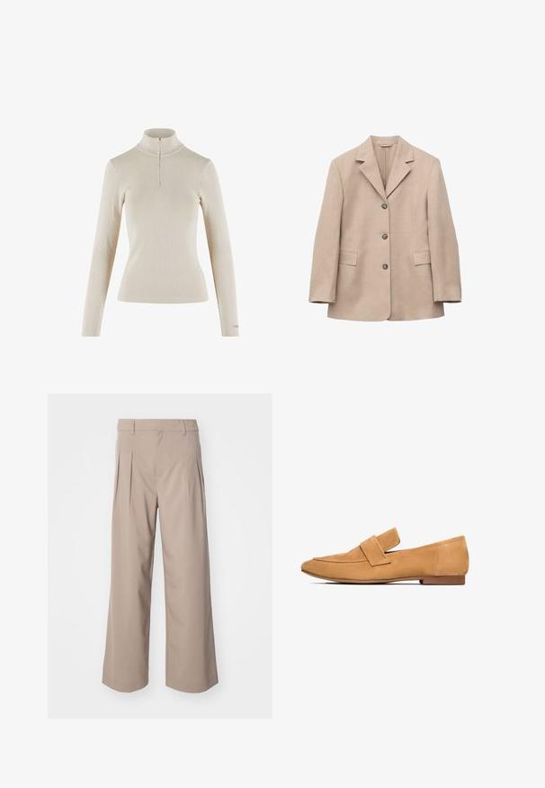 Blazer beige de un solo botón con tres botones, solapas con muesca, mangas largas y dos bolsillos delanteros con solapa, presentado sobre fondo blanco.; Top de cuello alto de mangas largas en color beige claro, fabricado en tejido acanalado, con cierre de cremallera de un cuarto en el cuello y diseño ajustado.; Pantalones beige de pierna ancha con plisados, hechos de una tela suave. Presentan una cintura de altura media y una silueta limpia y ajustada.; Mocasines de ante color arena con tacón plano, punta redondeada y una tira cosida en el empeine para un acabado refinado.