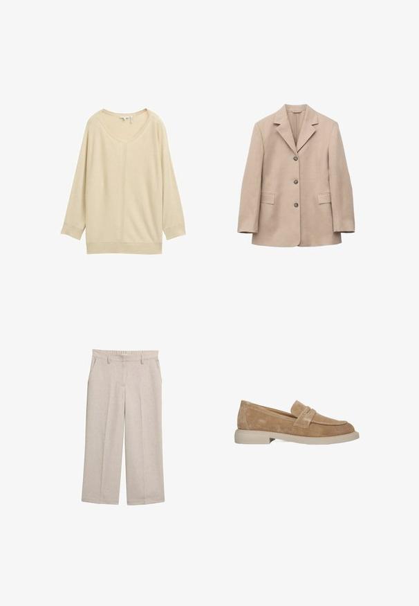 Blazer beige à simple boutonnage avec trois boutons, revers crantés, manches longues et deux poches avant à rabat, présenté sur fond blanc.; Haut beige à manches longues avec un large col arrondi et des épaules tombantes. Confectionné dans un matériau doux, présentant une texture subtile et des poignets côtelés.; Pantalons larges beige clair en tissu texturé, avec poches avant et une taille. Aucun motif ni embellissement visible.; Mocassins en daim brun avec un bout arrondi, détail de sangle décorative et une semelle en caoutchouc épaisse de couleur claire. Surface finement texturée.