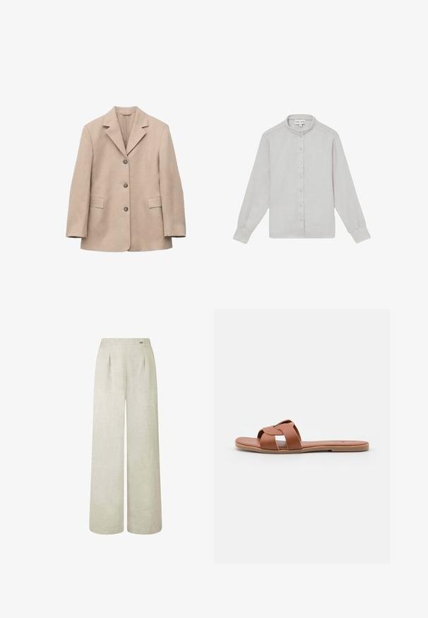 Beige single-breasted blazer met drie knopen, notch revers, lange mouwen en twee voorflapzakken, afgebeeld op een witte achtergrond.; Lichtgrijs overhemd met lange mouwen, staande kraag en knoopsluiting aan de voorkant, plat liggend op een witte achtergrond weergegeven.; Lichtbeige wijde broek van linnen, met een hoge taille, plooien en een gladde, licht gestructureerde stof.; Bruine platte sandaalslippers van soepel leer met een kruissprayontwerp, met een vlakke zool en een minimalistische stijl.