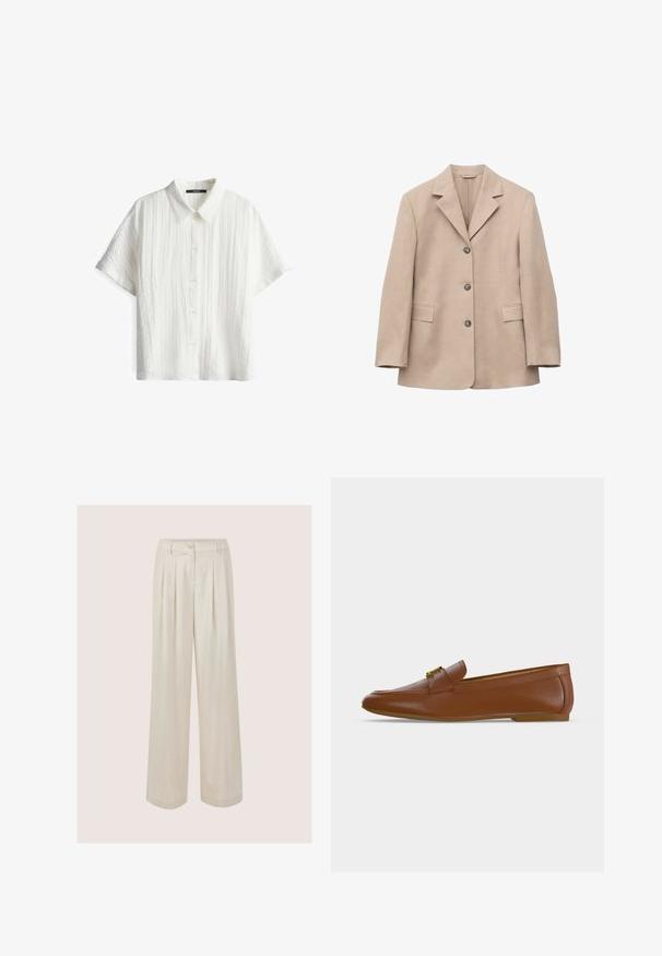 Blazer beige à simple boutonnage avec trois boutons, revers crantés, manches longues et deux poches avant à rabat, présenté sur fond blanc.; Chemise blanche à manches courtes avec un motif texturé, dotée d'un col et de cinq boutons. Le tissu a une apparence légère.; Pantalon beige à jambes larges avec plis devant, passants pour ceinture, fermeture par bouton et braguette zippée, présenté sur un fond uni.; Mocassin en cuir marron avec une boucle dorée et un petit talon plat, vu de profil sur un fond clair uni.