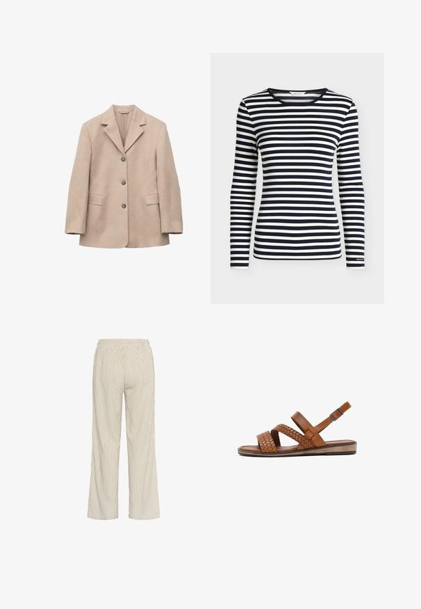 Blazer beige de un solo botón con tres botones, solapas con muesca, mangas largas y dos bolsillos delanteros con solapa, presentado sobre fondo blanco.; Camisa de manga larga con rayas horizontales en azul marino y blanco y cuello redondo, con la marca GANT en el puño de la manga.; Pantalones a rayas de color beige claro con un corte holgado, que cuentan con una cintura elástica y líneas verticales que crean una apariencia texturizada.; Sandalia plana de cuero marrón con dos tiras trenzadas, una tira lisa y una correa ajustable con hebilla en el tobillo.