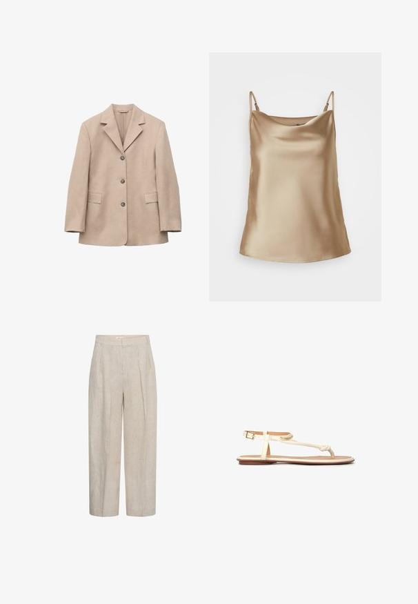 Blazer beige à simple boutonnage avec trois boutons, revers crantés, manches longues et deux poches avant à rabat, présenté sur fond blanc.; Camisole en satin beige clair avec de fines bretelles et un décolleté doucement drapé, présentant une texture lisse et brillante.; Pantalon beige taille haute à jambes larges avec plis devant et passants de ceinture, fabriqué en tissu de lin texturé.; Sandales ouvertes couleur beige clair avec un design de lanières tressées, boucle de cheville ajustable et semelle plate marron. Matériau lisse et accents minimaux.
