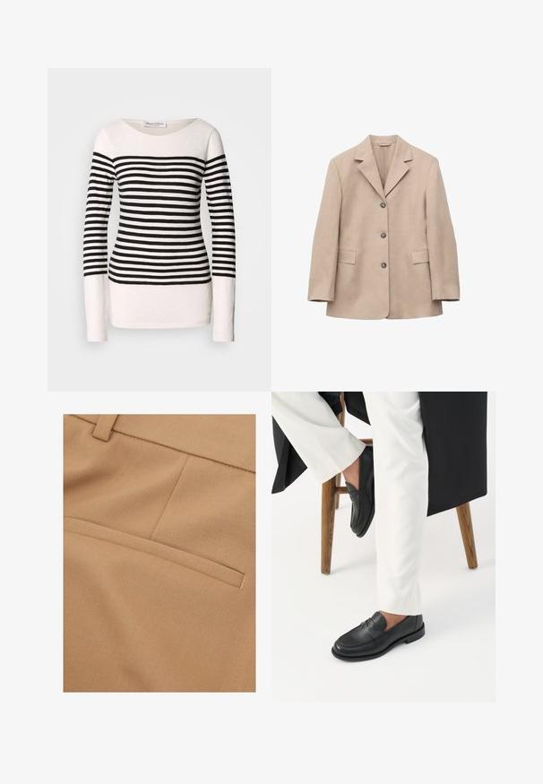 Blazer beige de un solo botón con tres botones, solapas con muesca, mangas largas y dos bolsillos delanteros con solapa, presentado sobre fondo blanco.; Camiseta de manga larga a rayas con rayas horizontales en blanco y negro, diseño de cuello barco y silueta ajustada. Material de mezcla de algodón.; Primer plano de tela beige con un bolsillo de ribete horizontal y detalle de costura en la prenda confeccionada.; Persona con mocasines de cuero negro y pantalones blancos sentada en un taburete de madera contra un fondo blanco.